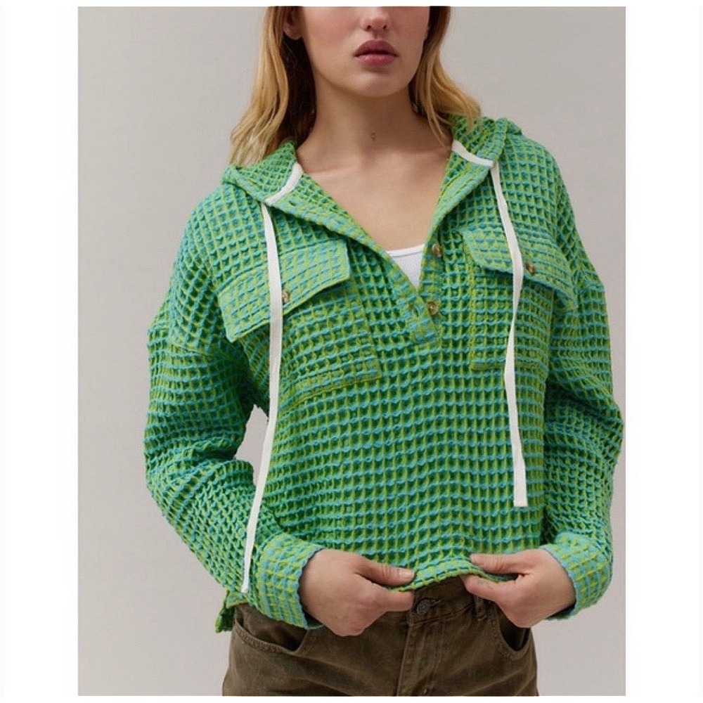 Urban Outfitters BDG Pullover S Green Cotton Waffle‎ Knit Henley Boho